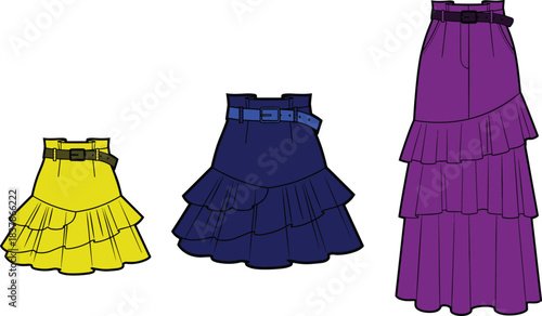 Set of three colorful women skirts in yellow blue and purple featuring ruffled tiers and belts in mini midi and maxi lengths vector illustration.