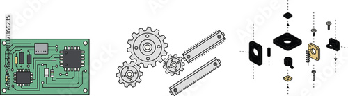 Set of technical engineering illustrations including electronic circuit board, mechanical gears system, and exploded assembly diagram, flat vector art isolated on white.