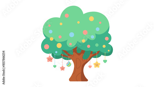 Festive Foliage: A whimsically adorned tree, its branches and trunk designed with playful colors and patterns, creating a scene of joyful artistry.