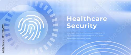 Abstract secure digital healthcare gradient background with white fingerprint shape. Soft light blue banner for medical data protection, telemedicine, health apps, biometric access and modern wellness