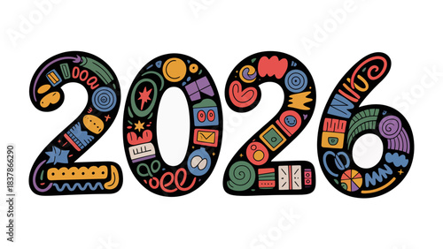 Year 2026: A vibrant and creatively designed illustration of the year 2026, filled with various colorful elements, representing the excitement and anticipation of the future.