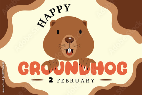 Happy Groundhog Day Vector Banner: Cute Cartoon Woodchuck Mascot Illustration for February 2nd Greeting Card, Poster and Web Templates.