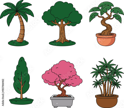 Set of Various Trees and Plants: Collection Featuring Palm, Oak, Cypress, and Bonsai Trees in Pots and Natural Setting for Landscape Design and Environment Creation