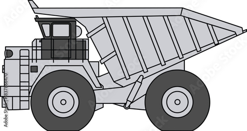 Side view vector illustration of a heavy duty grey mining dump truck for construction and industrial transport, isolate
