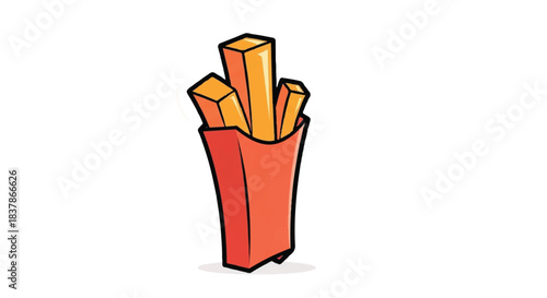 Cartoon illustration of french fries in a red container.