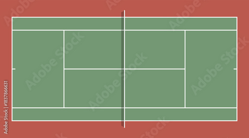 Stylized top-view tennis court illustration with green surface and red border in flat design style, ideal for presentations, teaching materials, and athletic digital content. Flat tennis court. Tennis