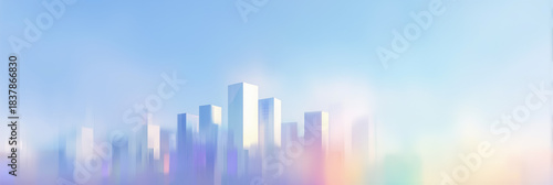 パステルカラーの光に包まれた幻想的で抽象的な都市のスカイラインの背景イラスト
