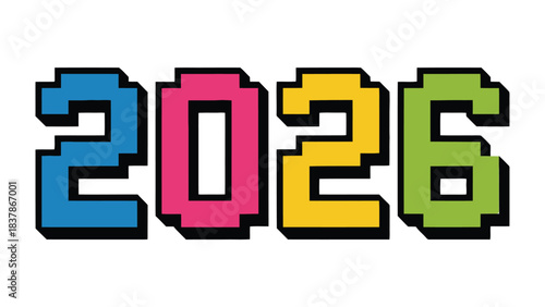 Digital 2026: Bold, colorful pixelated numbers leap forward, inviting a sense of anticipation and the promise of new beginnings.