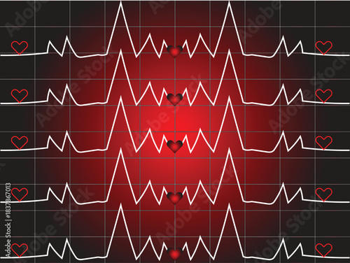 heart ecg line with glowing red center, abstract heartbeat signal with stylized heart icons, medical rhythm pattern with vibrant red gradient