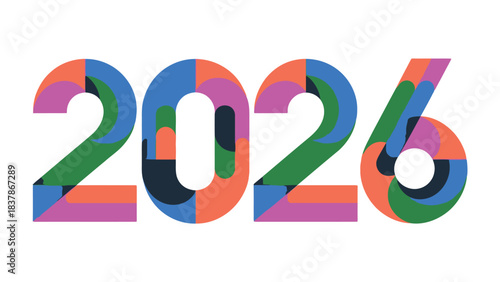 Colorful 2026: An abstract representation of the year 2026, using bold shapes and colors, symbolizes the possibilities of the future, innovation, progress, and change.
