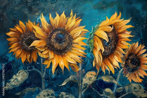 Oil painting of sunflowers blooming under a blue night sky, creating a vibrant and dreamy atmosphere