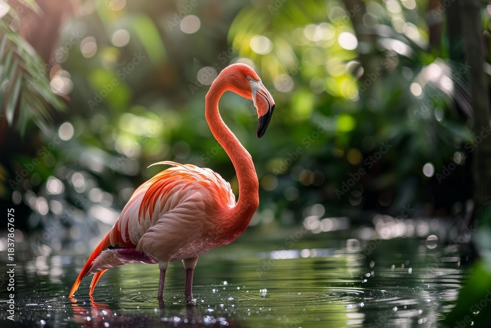 Fototapeta premium Flamingo with pink and orange feathers standing in shallow water with lush green foliage in the background