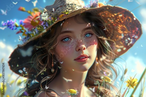 Portrait of a beautiful woman wearing a straw hat adorned with colorful wildflowers and surrounded by butterflies in a sunny field