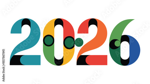 2026: A vibrant and colorful graphic design celebrating the upcoming year, featuring a dynamic arrangement of numerals in a bold, contemporary style.