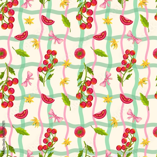 A girly and cute Seamless Pattern design featuring red cherry tomatoes and flowers and pink ribbons