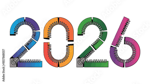 Colorful 2026 Typography: An eye-catching graphic spells out the year 2026, using vibrant hues and a unique, mechanical design to symbolize innovation, progress, and futuristic vision.