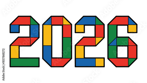Vibrant Year 2026: A playful and colorful representation of the year 2026, constructed with interconnected geometric shapes, presenting a dynamic and modern aesthetic.
