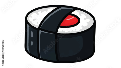 A single piece of sushi roll with red filling and black seaweed wrap.