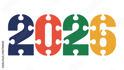 2026: A visual representation of the year 2026, crafted with colorful jigsaw puzzle pieces, each piece interlocked to symbolize unity, goals, and a shared vision for the future.