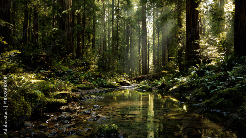 Obraz premium Lush Temperate Rainforest with Ferns and Flowing Creek