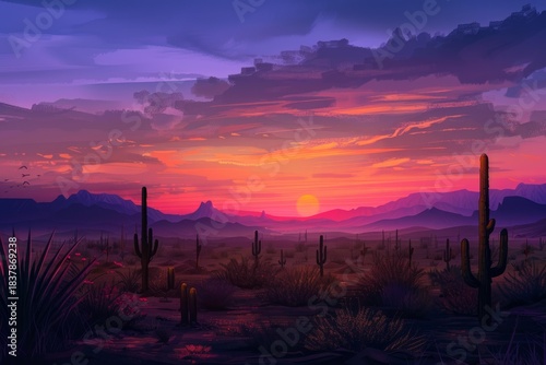 Stunning desert landscape at sunset, featuring cacti, mountains, and a vibrant sky