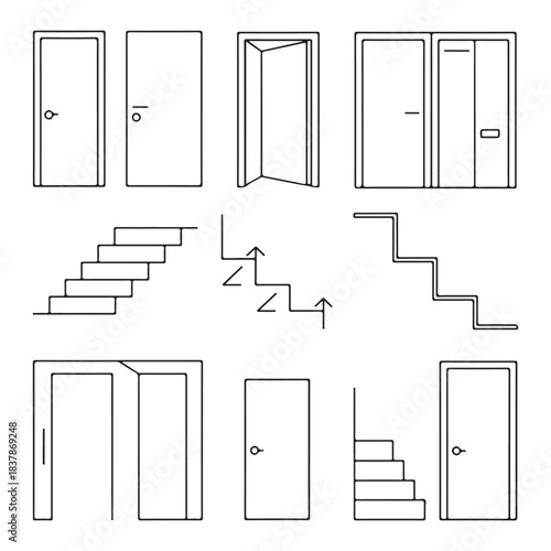 Doors, stairs for floor plan top view. Architectural elements set for apartment scheme. vector