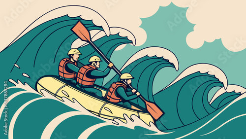 Three people in a raft navigating large waves during a whitewater rafting adventure.