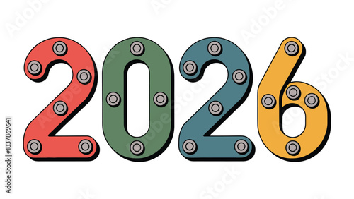 2026: Bold Numerical Design: A striking, colorful display of the year 2026, crafted with vibrant hues and industrial-style embellishments