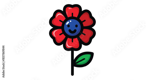 Cute cartoon red flower with a happy face and green leaf.