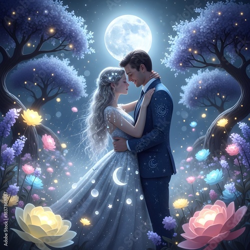 A Surreal Moonlit Embrace: Radiant Lovers in an Ethereal Garden of Quixotism, Bathed in Pastel Tones and Mesmeric Bokeh Magic.