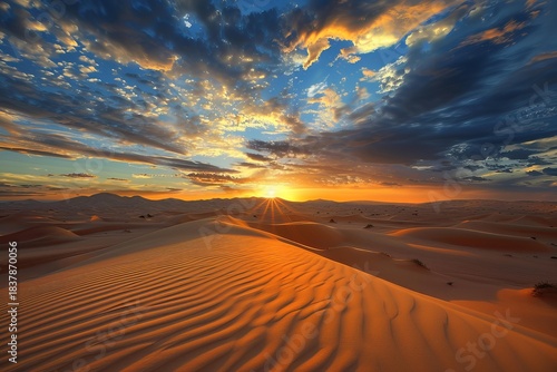 Fototapeta Naklejka Na Ścianę i Meble -  Golden sunlight bathes the rippling sand dunes of a vast desert landscape under a vibrant sunset sky