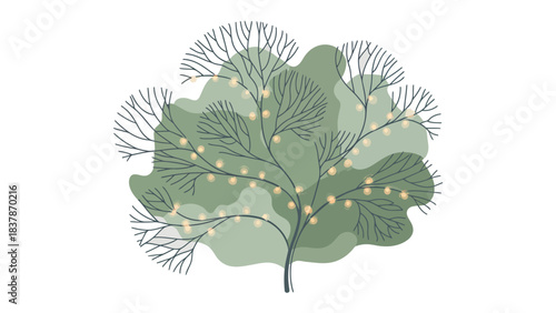 Festive Flora Illustration: An illustrated tree adorned with delicate lights, its branches reaching upwards. The illustration captures a sense of holiday magic and serene beauty.