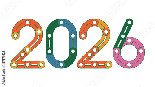 Year 2026: The vibrant year 2026 takes center stage, its numbers meticulously crafted with interconnected geometric components. Each digit, rendered in a spectrum of vivid colors.