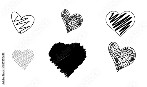 Hearts of different shapes, black and white sketch, simple drawing. vector illustration. A set of hearts is isolated on a white background. Wedding theme, birthday, Valentine's day, fabric design