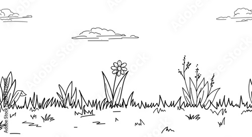 Flowers and bushes, clouds over a field of spring grass. Vector illustration. Panorama of nature scene with meadow, landscape park on seamless pattern. For cards, invitations and textile printing