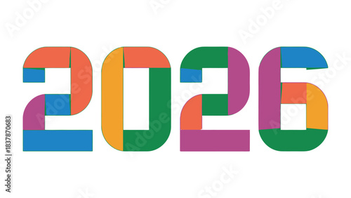 2026 Typography: A vibrant, colorful typographic rendering of the year 2026, composed of playful, geometric shapes, set against an off-white backdrop.