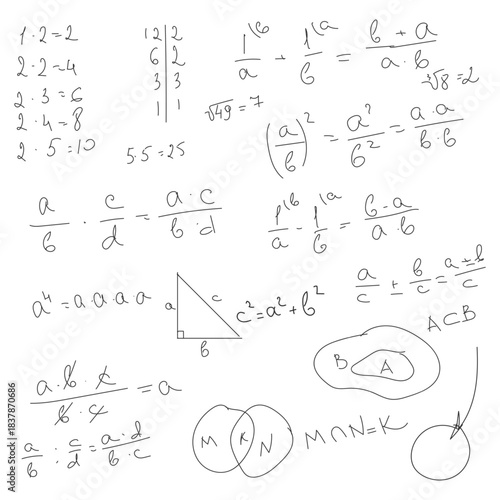 School math formulas, black and white sketch. Vector illustration. Trigonometric and algebraic equations, logarithmic equations, isolated on a white background. Preparatory course notes for university