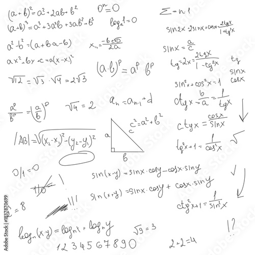 School math formulas, black and white sketch. Vector illustration. Trigonometric and algebraic equations, logarithmic equations, isolated on a white background. Preparatory course notes for university