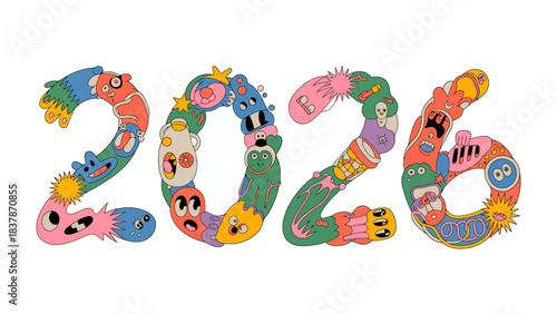 The Year of Whimsy: A vibrant illustration spells out the year 2026 using quirky, colorful characters, each one a unique, imaginative creation that adds a playful touch. 