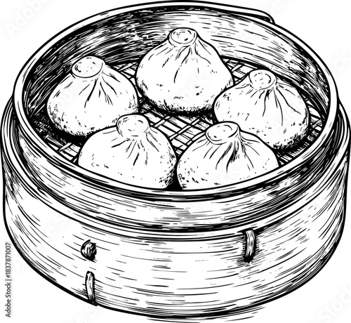 Bamboo steamer filled with dumplings ready for cooking