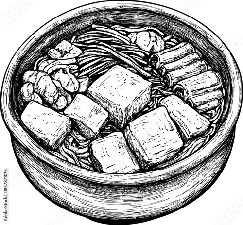 Bowl filled with noodles tofu and vegetables arranged beautifully