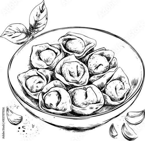 Bowl filled with hand-drawn dumplings and aromatic basil leaves