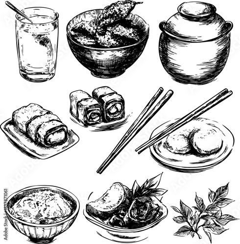 Collection of hand-drawn asian dishes and beverages on white background