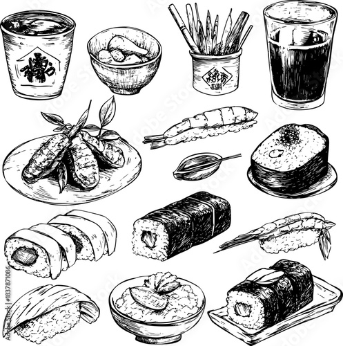 Collection of hand-drawn sushi and japanese food illustrations