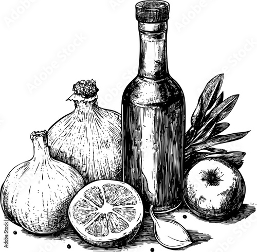 Collection of vegetables and a bottle ideal for cooking illustrations
