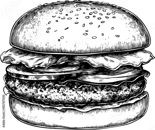 Detailed sketch of a delicious layered hamburger with toppings