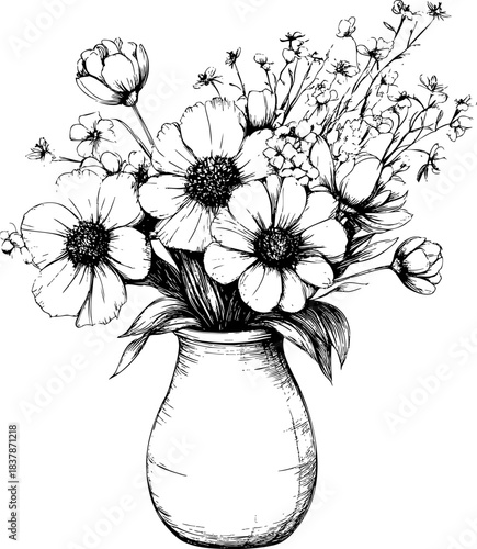 Elegant black and white floral illustration in a simple vase