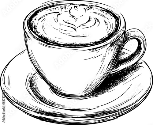 Hand-drawn coffee cup with latte art on cream surface
