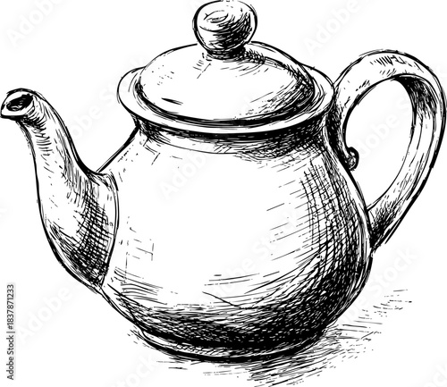 Hand-drawn black and white sketch of a traditional teapot