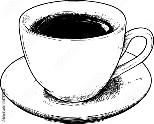 Hand-drawn cup of black coffee on a saucer